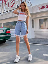 High Waisted Frayed Hem Denim Shorts Blue OutfitFlow